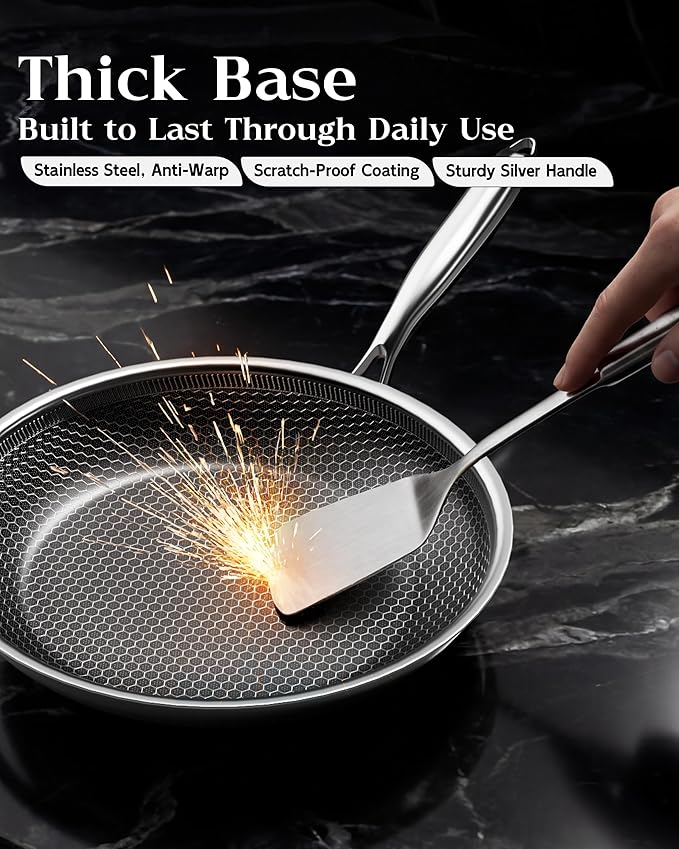 Honeycomb Stainless Steel Nonstick Frying Pan with Lid Set, Induction Cooktop Compatible Skillet, PFOA-Free Scratch-Proof, Dishwasher & Oven Safe, Silver Kitchen Cookware