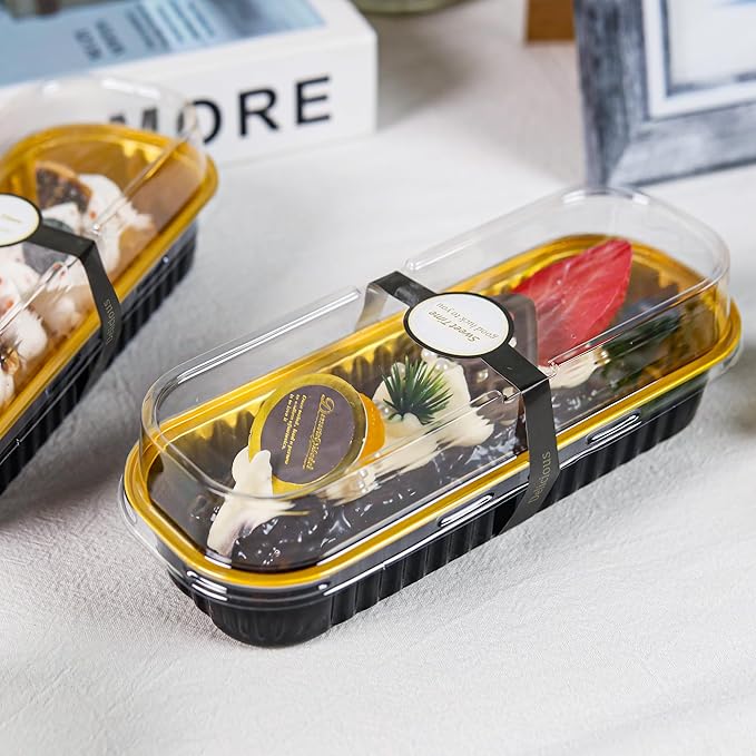 50 Pack Mini Loaf Pans with Lids Rectangle Individual Cake Pans Aluminum Foil Pans for Large Gatherings Picnics Vacations Parties (Black Gold, 6.8 OZ)