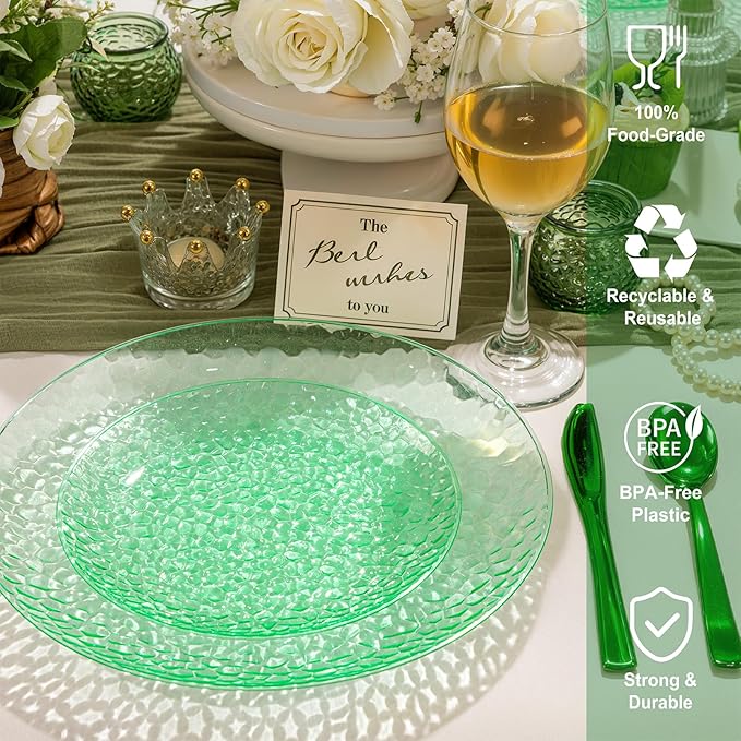 Rubtlamp 60Pcs Green Plastic Plates, Heavy Duty Easter Plates With Hammered Design, Green Party Disposable Plate Include 30 Dinner Plate, 30 Salad Platos, Fancy Plastic Platos For Easter Spring