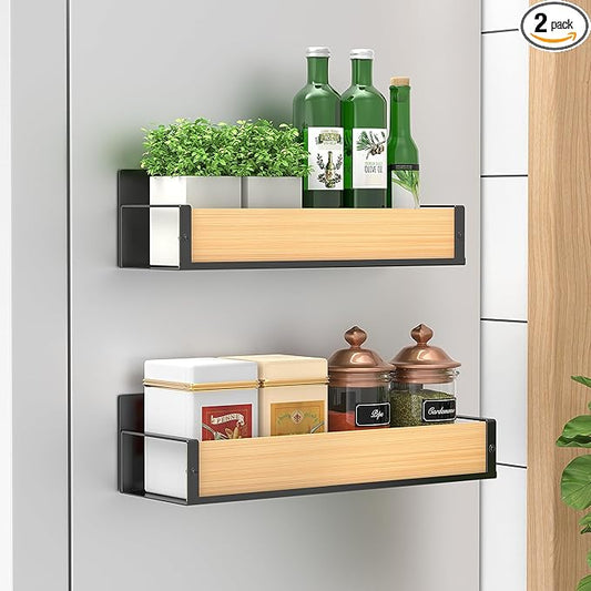 2 Pack Magnetic Spice Storage Rack Organizer for Refrigerator and Oven, Wood Fridge Organizers and Storage