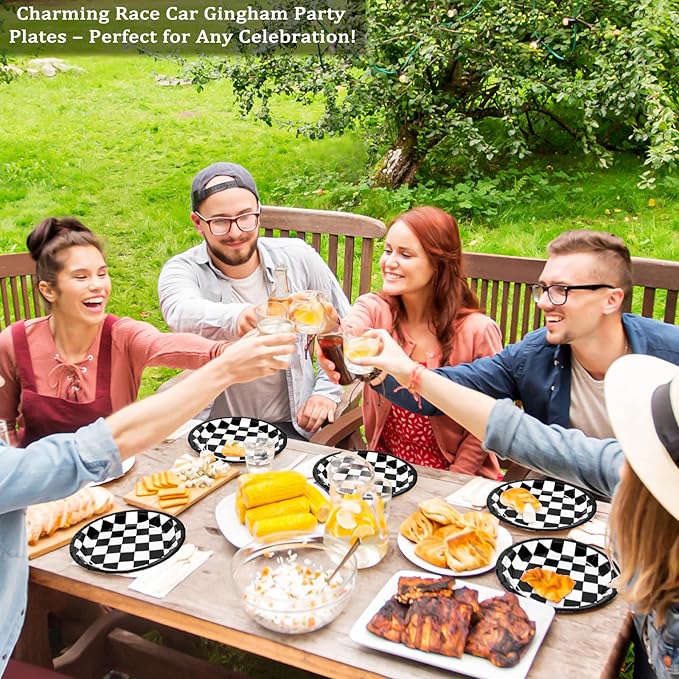 48 Pcs 7" Black Checkered Paper Plates Light Black & White Gingham Flag Party Plates, Plaid Dessert Table Supplies for Race Car BBQ Gathering Picnic Baby Shower Birthday Dinner Party Decorations