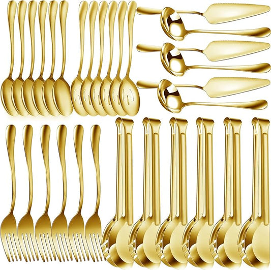 Thenshop 30 Pcs Stainless Steel Serving Utensils Set Flatware Set Include Large Serving Spoons Slotted Spoons Forks Soup Ladle Pie Server and Tongs for Buffet Party(Gold)