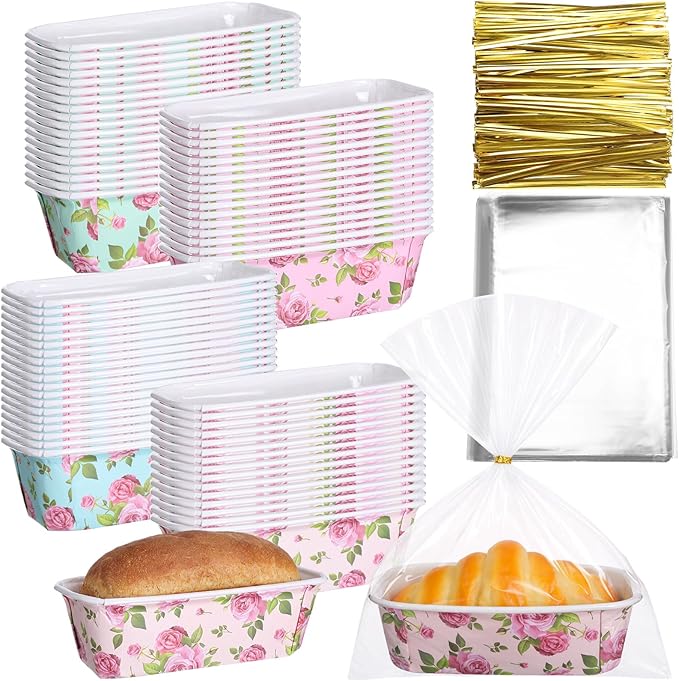 LemonRoad 48 Sets Spring Paper Loaf Pan for Baking 6.3 x 2.2 x 2.2 Inch Small Disposable Rose Flower Baking Pans with Clear Plastic Bags and Ties Rectangle Cake Mold for Bread Tea Party Supply Gift