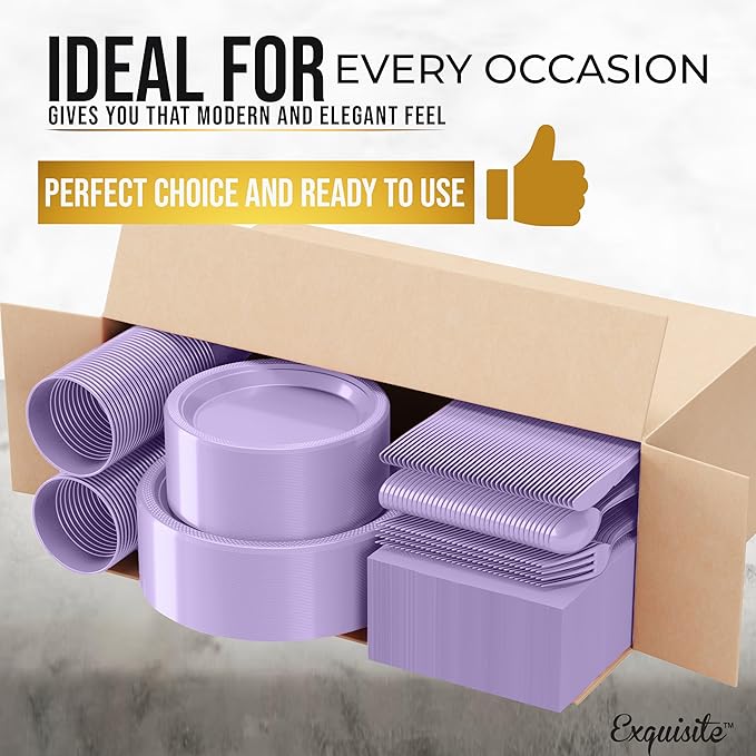 350 Pcs Lavender Plastic Plates For Party, Lavender Disposable Plates Set, 50 Of Each 9" Dinner Plate Set, 7" Dessert Plate, Cups, Napkins & Cutlery Plastic Dinnerware Set Exquisite