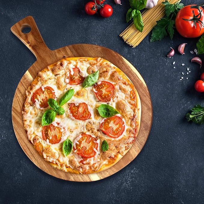21"x16" XL Extra Large Acacia Wood Cutting Board with Handle Round Wooden Charcuterie Boards Meat Chopping Board Bread Serving Cheese Platter Big Pizza Cutting Boards for Kitchen Carving Butcher Board