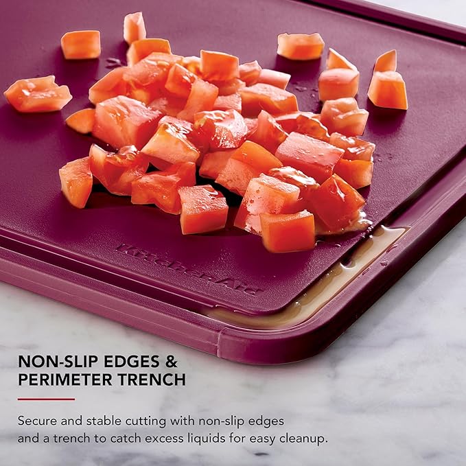KitchenAid Classic Plastic Cutting Board with Perimeter Trench and Non Slip Edges, Dishwasher Safe, 11 x 14 inch, Beetroot
