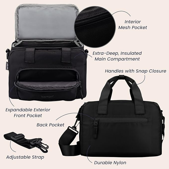 Bentgo Insulated Lunch Bag – Extra-Large Capacity Adult Lunch Bag with Shoulder Strap and External Storage Compartment, Durable, Lightweight, Ideal for Work, School, & Meals On the Go (Obsidian)