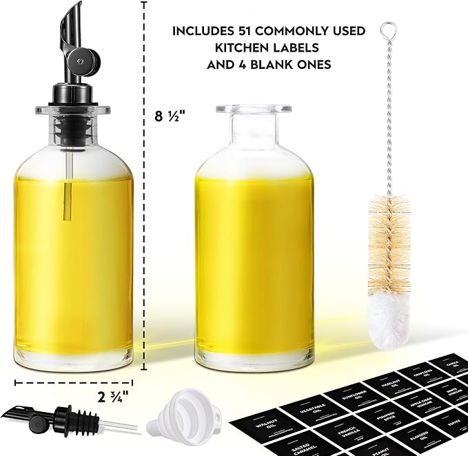 Oil Dispenser for Kitchen - Glass Olive Oil Bottle Set of 2 (11.8oz) with Black Weighted Self-Closing Pourer - Cooking Oil Dispenser with 66 Labels, Aligner & Funnel