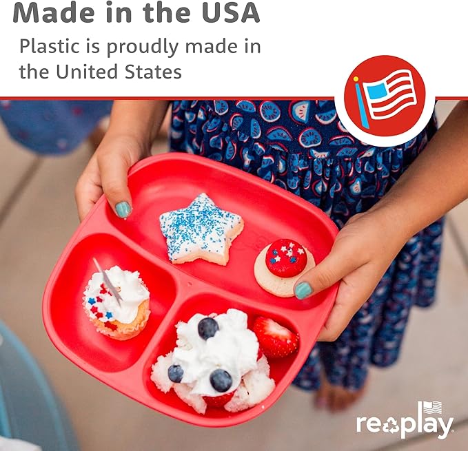 Re-Play Toddler Plates with Dividers - Deep-Walled 3 Compartments Divided Plates for Kids with 3 Lids - Dishwasher & Microwave Safe - Made in USA - Set of 3-7.37" x 7.37" x 1.25" - Bluesy