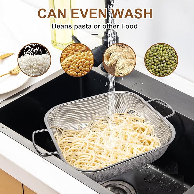 Colander Stainless Steel 3-Quart, Square Metal Strainers, Strainer for Kitchen Food, Dishwasher Safe