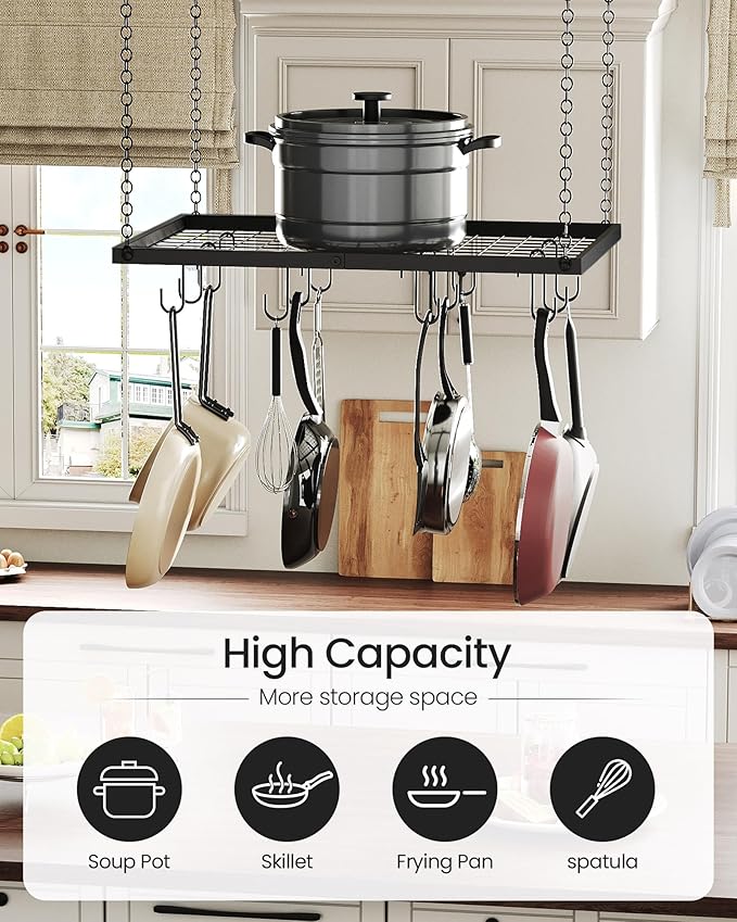 Hanging Pot Rack, Ceiling Mounted Pot Hanger for Kitchen, Metal Cookware Storage Organizer with 12 Hooks, for Storage of Cookware, Utensils in Kitchen, 23.7" L, Black TPR03BB