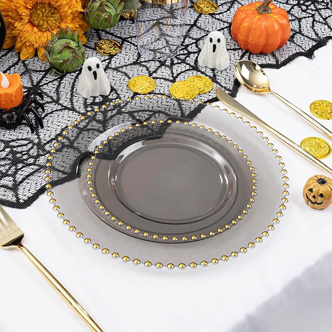 EI 60pcs Clear Black and Gold Plastic Plates Disposable Plates Heavy Duty,10" Dinner & 7" Dessert Clear Black Plate Perfect Wedding,Party,Birthday,Anniversary,Business Events