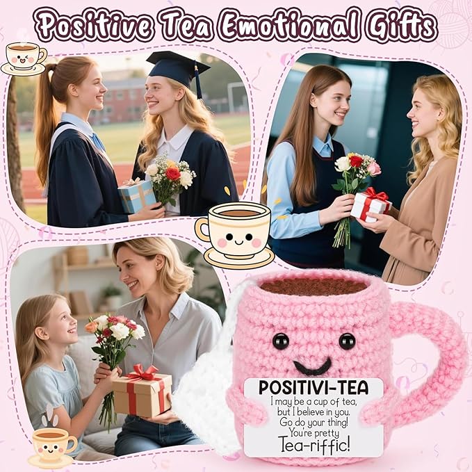 Cute Birthday Gifts for Women, Positive Handmade Crochet Pink Tea Cup Desk Decor–Tea Lovers Funny Unique Emotional Small Gift for Best Friends Girlfriend Wife Mom Coworkers Thank You Valentines Day