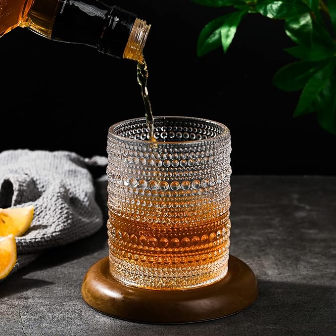 Vintage Glassware Drinking Glasses Set of 6,12 oz Hobnail Glass Cups,Embossed Clear Water Tumbler,for Beer,Cocktail,Whiskey,Juice and Various Mixed Drinks- 1 Cleaning Brush