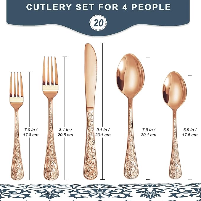 Runfly Vintage Carved Rose Gold/Copper Stainless Steel 20 Pieces Flatware Set, Silverware Set, Modern Embossed Cutlery Set Utensils Including Fork Spoon and Knife