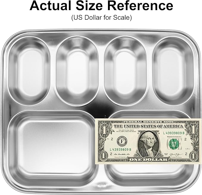 Korean Stainless Steel Divided Plates for Kids, Adults, Students, Premium 304, Electro-Polished, No Black Residue, BPA-Free, 6-Compartment Food Tray, Picky Eaters, Diet Portion Control, Set of 2