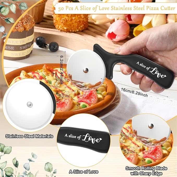 50 Set Wedding Party Favor for Guests Include a Slice of Love Stainless Steel Pizza Cutter Thank You Cards and Organza Gift Bags Pizza Cutter Wheels for Bridal Shower Return Gifts