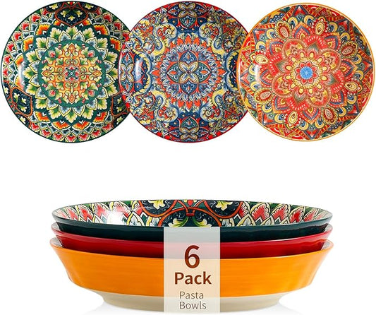 Ceramic Pasta Bowls Set of 6-8 inch 32 oz Serving Bowls, Colorful Dinner Bowls for Soup,Salad, and Pasta, Kitchen, Microwave, Dishwasher Safe, mexican, Bohemian Style