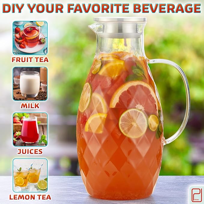 Premium Borosilicate Glass Pitcher with Lid and Spout - 3 Liter / 100 oz, Borosilicate Glass with Handle - Carafe for Hot/Cold Beverages - Water Jug - Iced Tea Pitcher - Juice Server
