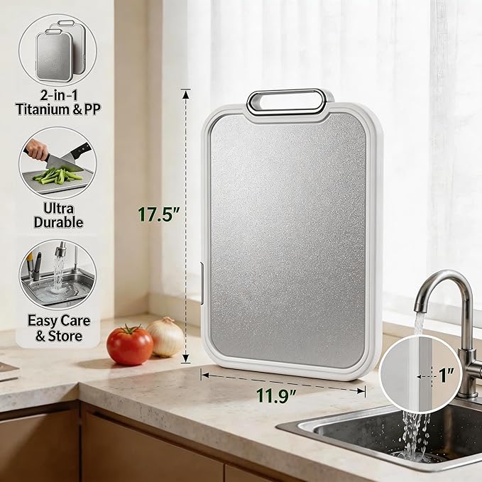 Double Sided Cutting Board – 100% Pure Titanium & Food-Safe PP Surface (17.5"x11.9"x1") – 2-in-1 Chopping Board for Raw Meat and Veggies, with Anti-Slip Feet, Juice Groove, Easy to Clean,Large Size