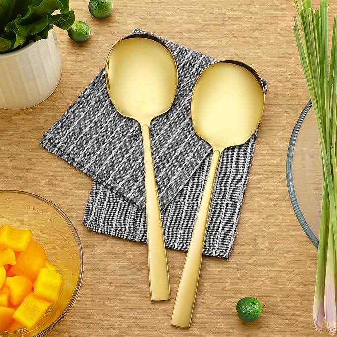 Extra Large Serving Spoons Set 11.7-Inch Gold Serving Slotted Spoon x 3 Serving Spoon x 3, 18/8 Stainless Steel Big Serving Utensil for Buffet, Parties, Catering - Dishwasher Safe(6-Pack, Gold)