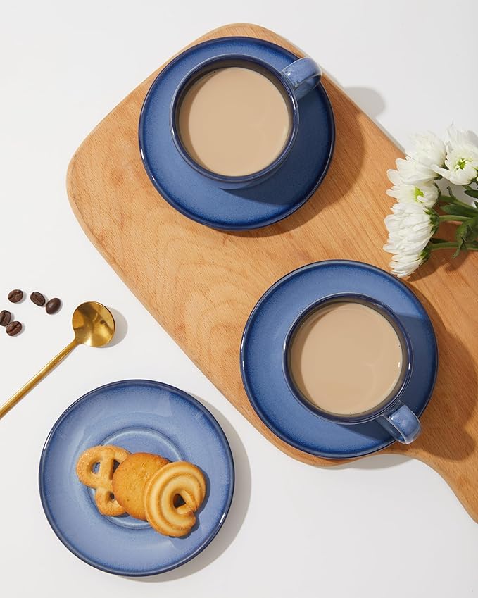 Stoneware Coffee Cups with Saucers, 6 Oz Cappuccino Cups Set of 4, Microwave & Dishwasher Safe, Perfect For Tea, Espresso, Latte, Ceramic Mugs for Kitchen or Cafe, Light Blue