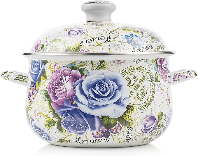 Retro Flower Enamel Stockpot with Lid,Stockpots for Cooking,Retro Classic Design(5L-Blue Rose)