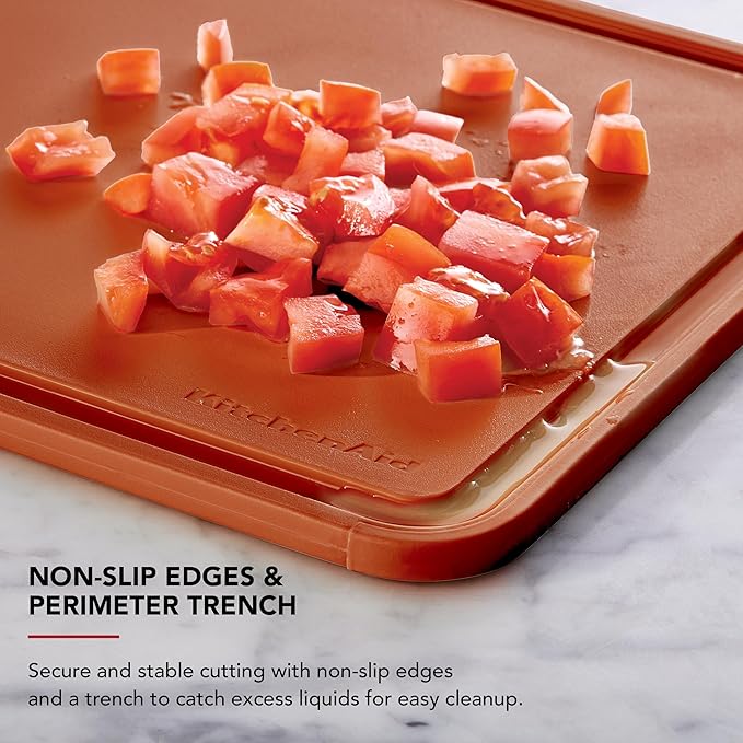 KitchenAid Classic Plastic Cutting Board with Perimeter Trench and Non Slip Edges, Dishwasher Safe, 11 x 14 inch, Scorched Orange