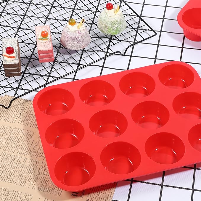 3 Pcs Silicone Muffin Pan Set, Silicone Muffin Pans for Baking Red 24/12/6 Cups Mini/Regular/Jumbo Non-Stick Cupcake Pan for Kitchens, Restaurants, Bakeries