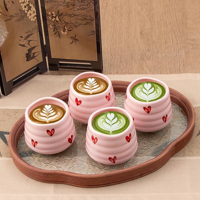 4pcs Japanese Tea Cup Set – 160ml 5.4OZ Ceramic Matcha Cup, Small Handless Espresso Cups, Cute Coffee Mugs for Girls (Pink Love)