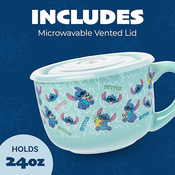 Silver Buffalo Disney Lilo and Stitch Snack and Food Pattern Ceramic Soup Mug with Vented Plastic Lid, 24 Ounces