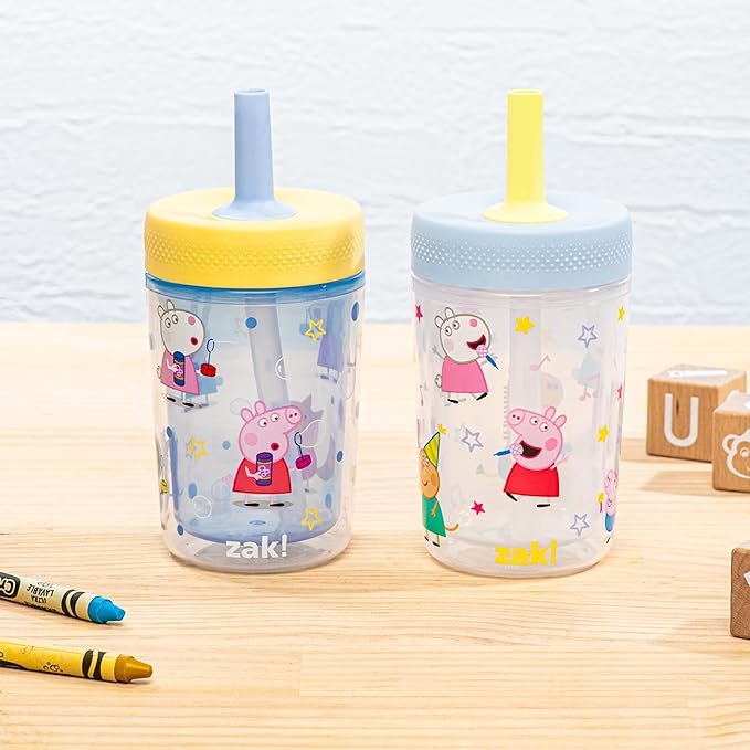 Zak Designs Peppa Pig Capri Toddler Tumblers For Travel or At Home, 9oz 2-Pack Double Wall Plastic Sippy Cups With Leak-Proof Design is Perfect For Kids (Peppa and Friends)