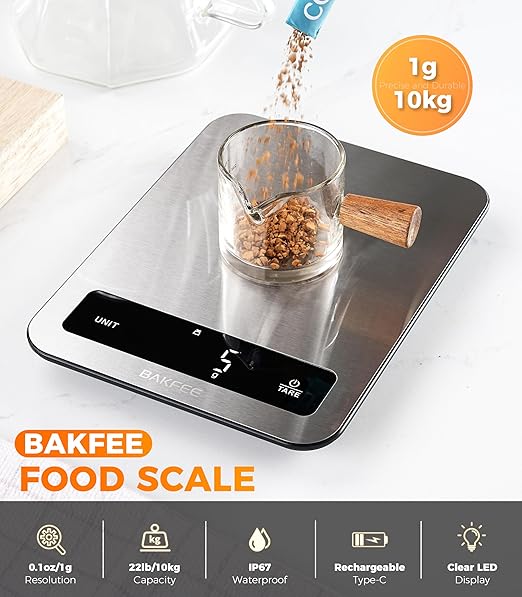 Food Scale, IP67 100% Waterproof Kitchen Scale, Type-C Rechargeable, 0.1oz/1g, 22lb/10kg, Tempered Glass & Stainless Steel Surface, Larger & Full-View Display, with 6 Units, Tare, Black