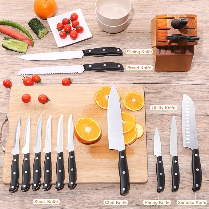 Knife Set, 15 Pcs Knife Sets for Kitchen with Block, Germany High Carbon Stainless Steel Knife Block Set with Sharpener and 6 Serrated Steak Knives, Professional Chef Knife Set for Kitchen Essentials