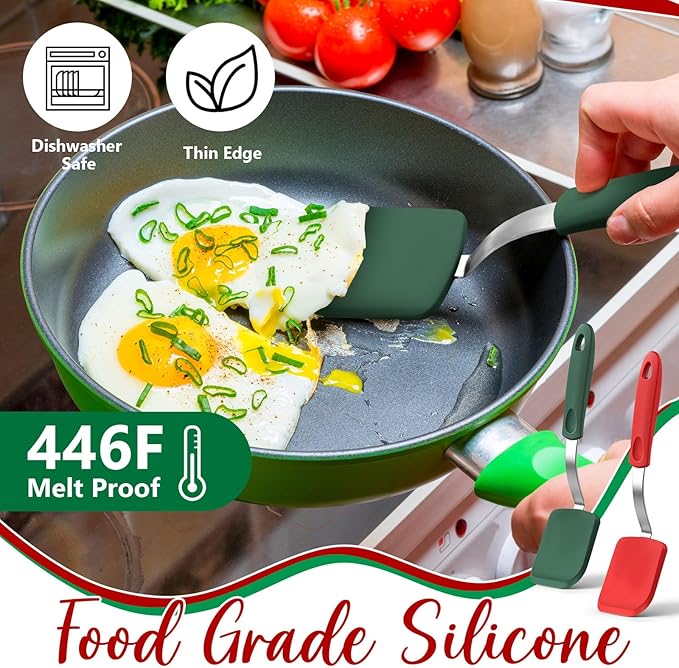 Silicone Cookie Spatula Turner 2 Pack Mini Brownie Spatula Flexible Kitchen Small Silicone Turner for Nonstick Cookware Heat Resistant No Scratch Flipper for Egg Pancake(Red, Green)
