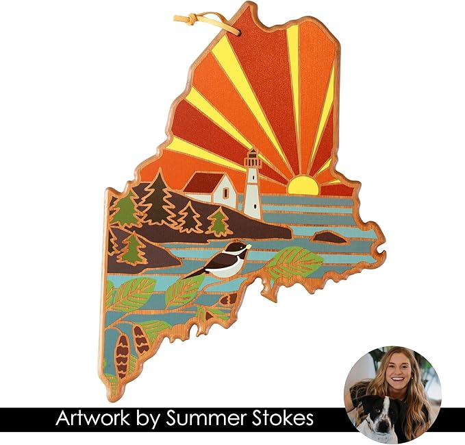 Totally Bamboo Maine State Shaped Cutting Board and Charcuterie Serving Platter with Artwork by Summer Stokes, Includes Hang Tie for Wall Display
