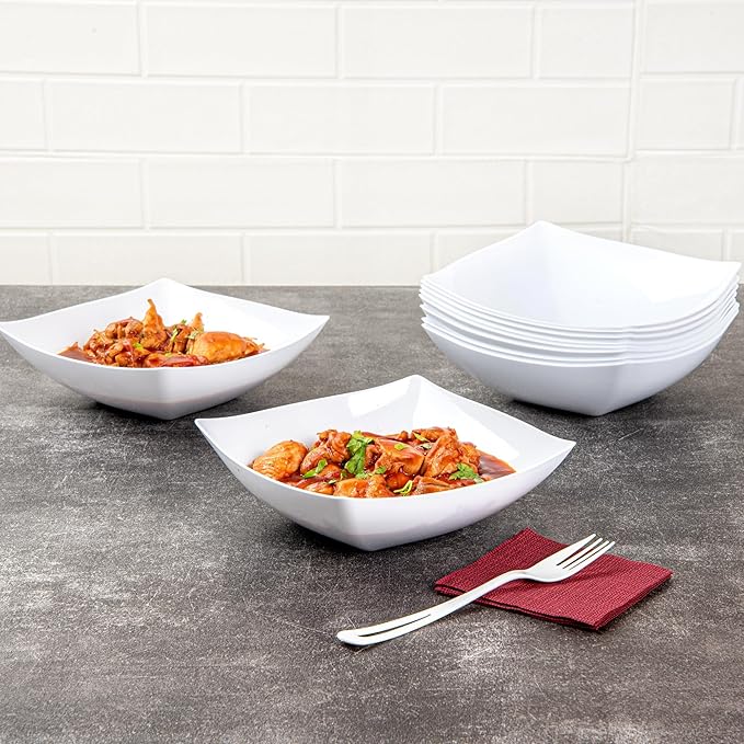 Restaurantware Moderna 32 Ounce Fancy Plastic Bowls 10 Square Disposable Salad Bowls - Durable Heavy-duty White Plastic Bowls For Warm And Cold Foods