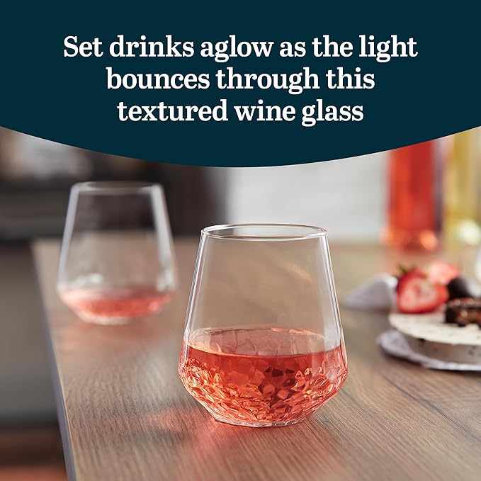 Libbey Hammered Stemless Wine Glasses Set of 8, 17.75-ounce, Dishwasher-Safe, Chiseled Textured Glassware Set, All Purpose Wine Glasses for Everyday Use