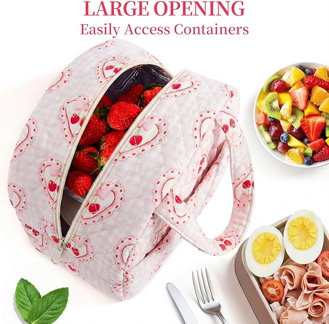 Quilted Lunch Box for Women,Coquette Aesthetic Lunch Box for Teen Girls,Cute Cherry Lunch Bags for Work, School,Office,Picnic,Travel (Cherry Plaid Heart)