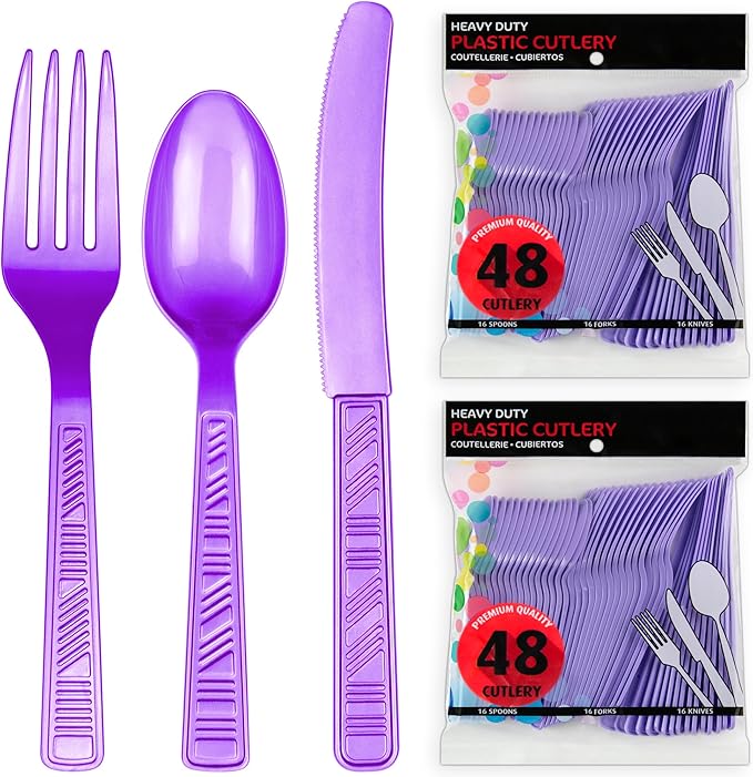 DecorRack Plastic Cutlery Set, Purple Colored Plastic Silverware Sets for Parties, 96 Piece Bulk Heavy Duty Utensils (Purple, 96 Pieces)