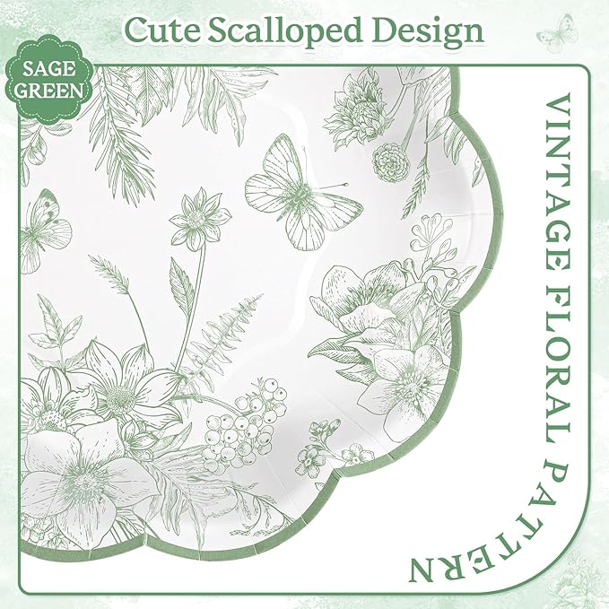 30Pcs Sage Green Floral Paper Plates, 7 Inch Spring Plates Vintage Chinoiserie Flower Plate Scalloped Cute Easter Plate for Garden Party Tea Party Birthday Baby Bridal Shower