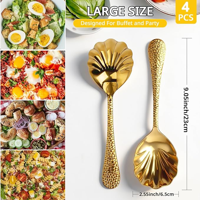 4Pack Serving Spoons 18/10 Stainless Steel Large Serving Spoons Set, Hammered Long Handle Serving Spoons for Buffet, Scalloped Design Serving Utensils for Kitchen Party Buffet Banquet (Gold)