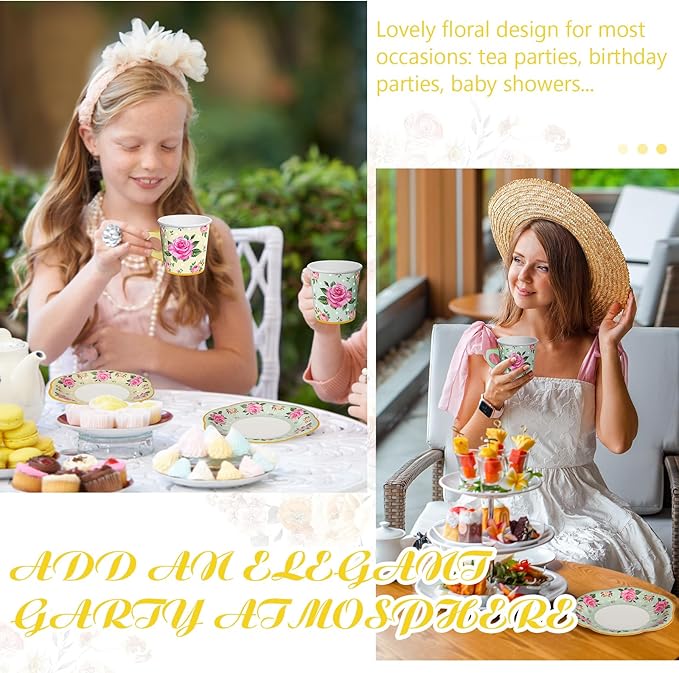 Umigy 60 Sets Spring Tea Party Decorations 6.5 oz Floral Paper Teacups & Saucer Set for Girls Women Afternoon Tea Parties Mothers Day Bridal Shower Wedding Birthday Party Decorations(Yellow, Green)
