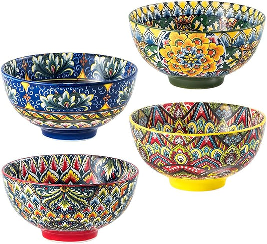 Henten Home Ceramic Soup Bowls Set of 4, Bohemia 22 oz Cereal Bowls Set, Porcelain Serving Bowls for Dinner, Salad, Pasta, Fruit, Decorative, Microwave & Dishwasher Safe