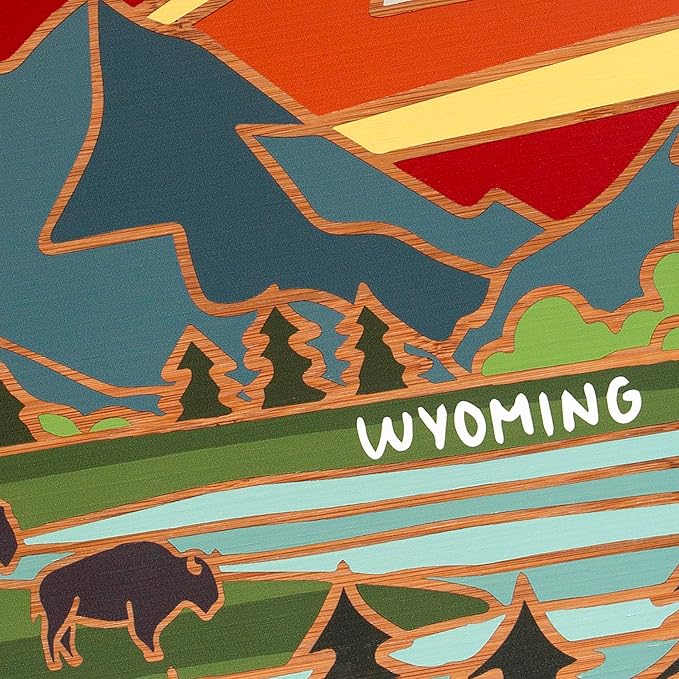 Totally Bamboo Wyoming State Shaped Cutting Board and Charcuterie Serving Platter with Artwork by Summer Stokes, Includes Hang Tie for Wall Display