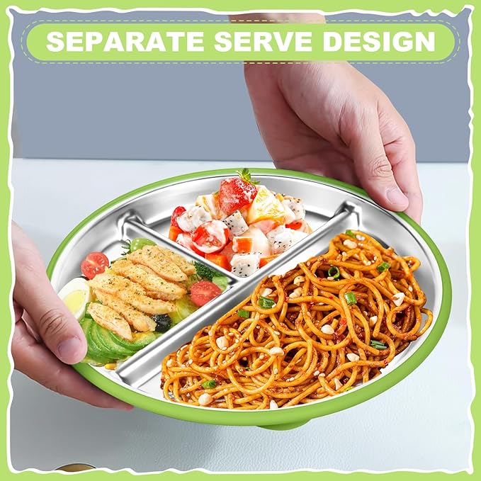 OVV Stainless Steel Kids Plates (2 Pack) – 9 Inch Toddler Divided Plates with ﻿Removable Silicone Sleeves & 5 Suction Cups Baby Self Feeding | Mess-Free Mealtime | Dishwasher Safe