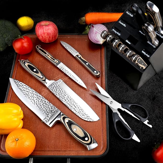 Knife Sets for Kitchen,15-piece Hammered Desgin Knife Set with Block and Sharpener, High Carbon Stainless Steel Chef Knives with Grey Triple Rivet Handle, Ultra Sharp and Dishwash Safe