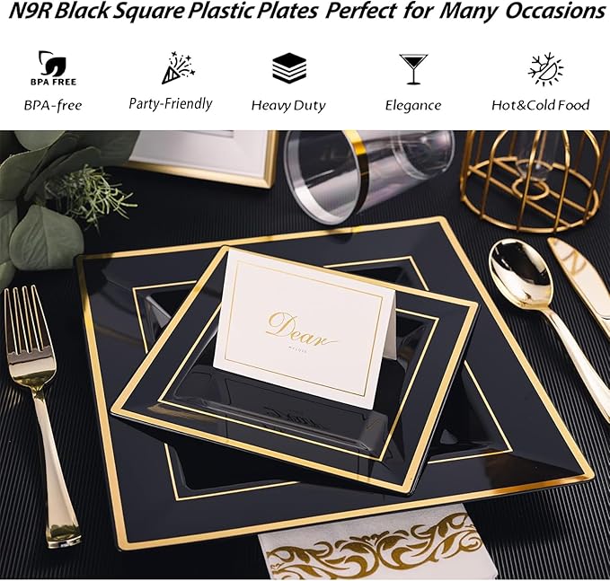 N9R 60 Pack Black Square Plastic Plates with Gold Rim Include 30 Disposable Dinner Plates 9.5 Inch and 30 Dessert Plate 6.5 Inch, Fancy Plate for Party, Wedding, Halloween and Daily Use