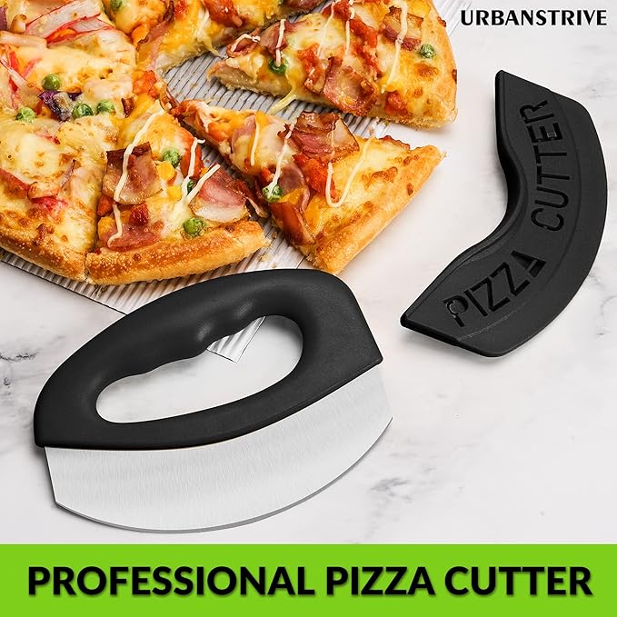 Urbanstrive Heavy Duty Stainless Steel Pizza Cutter with Cover, Super Sharp Blade Pizza Knife Pizza Cutter Rocker, Perfect Kitchen Gadgets for Pizza Cutting Home Essentials (Black)