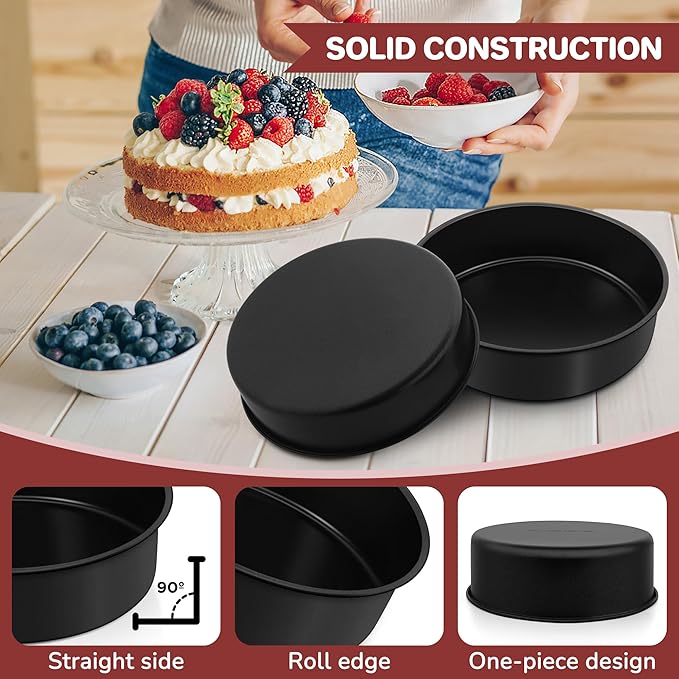 E-far 9½ Inch Cake Pans Set of 2, Nonstick Round Baking Pans Tins Set for Birthday Wedding Layer Smash Cakes, Stainless Steel Core & Nontoxic Coating, Straight Side & 2 Inch Deep (Black)
